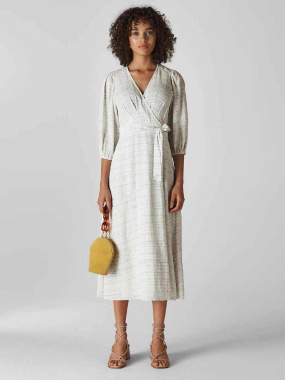 Whistles Catalina Check Wrap Midi Dress White Women's Size 2 V-Neck Plaid Party